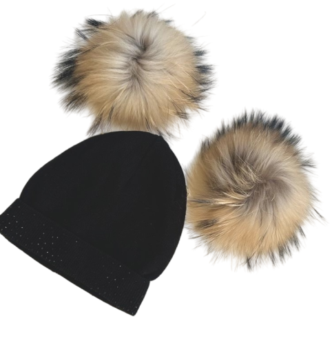 Soft Wool Cashmere Blend Girls Knit Hat with Gems and Real Fur Detachable Double Pom Pom