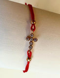 Red Corded Bracelet with Cross, Cubic Zirconia/14k Gold 0.71