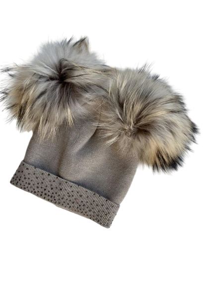 Soft Wool Cashmere Blend Girls Knit Hat with Gems and Real Fur Detachable Double Pom Pom