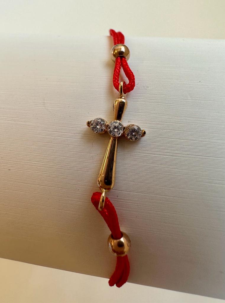 Red Corded Bracelet with Cross, Half CZ/14k Gold 0.81