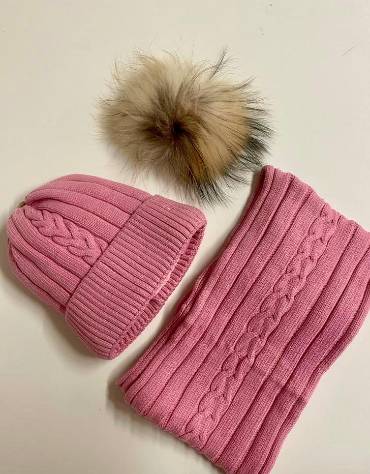 Girls Cashmere Blend Cable Knit Hat with Real Fur Pom Pom and Scarf Set