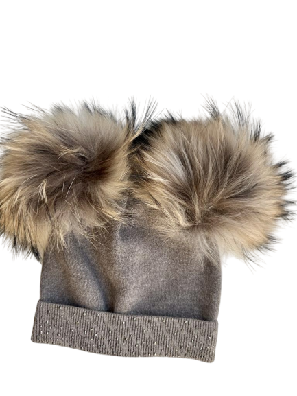 Soft Wool Cashmere Blend Girls Knit Hat with Gems and Real Fur Detachable Double Pom Pom