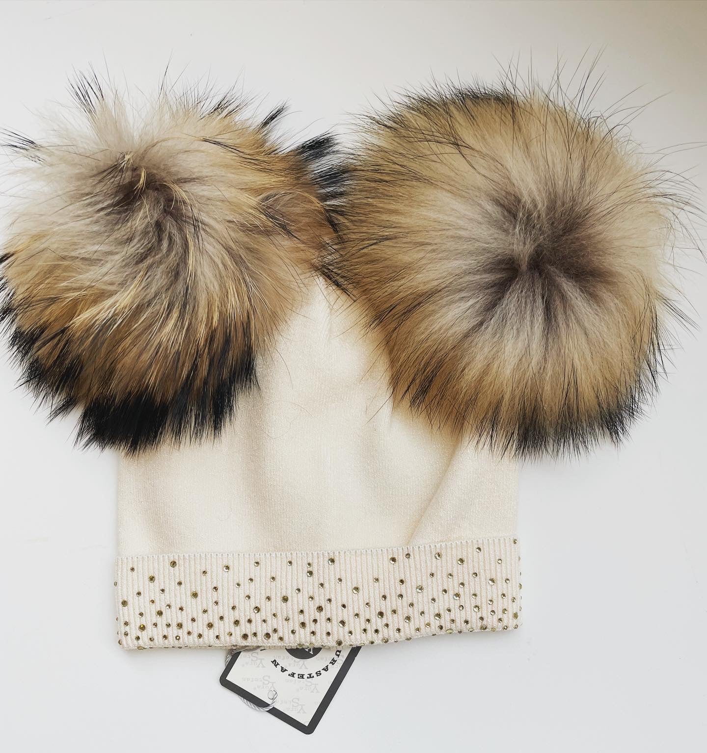 Soft Wool Cashmere Blend Girls Knit Hat with Gems and Real Fur Detachable Double Pom Pom