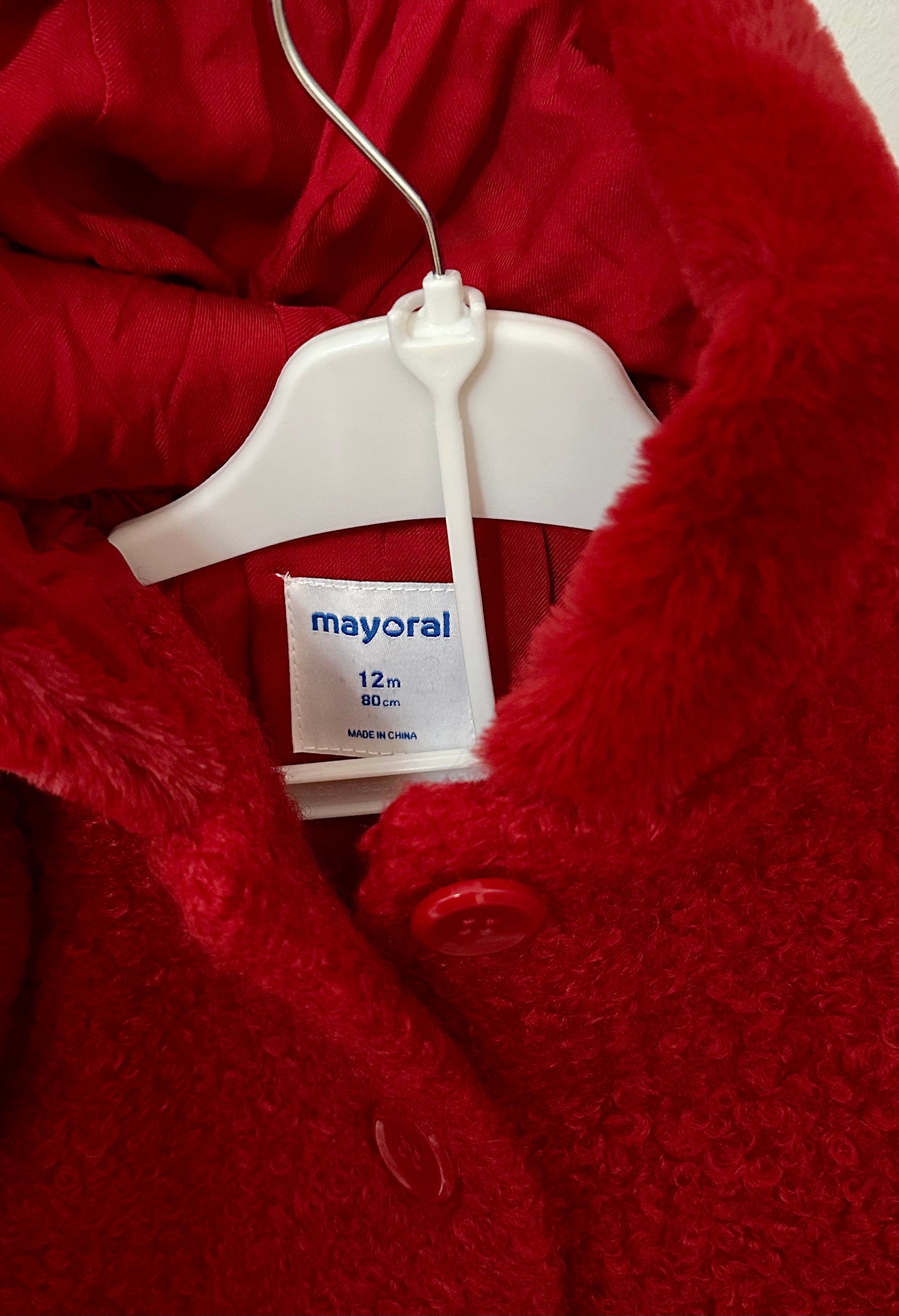 Red Soft Faux-Fur Coat with hood and pockets by Mayoral