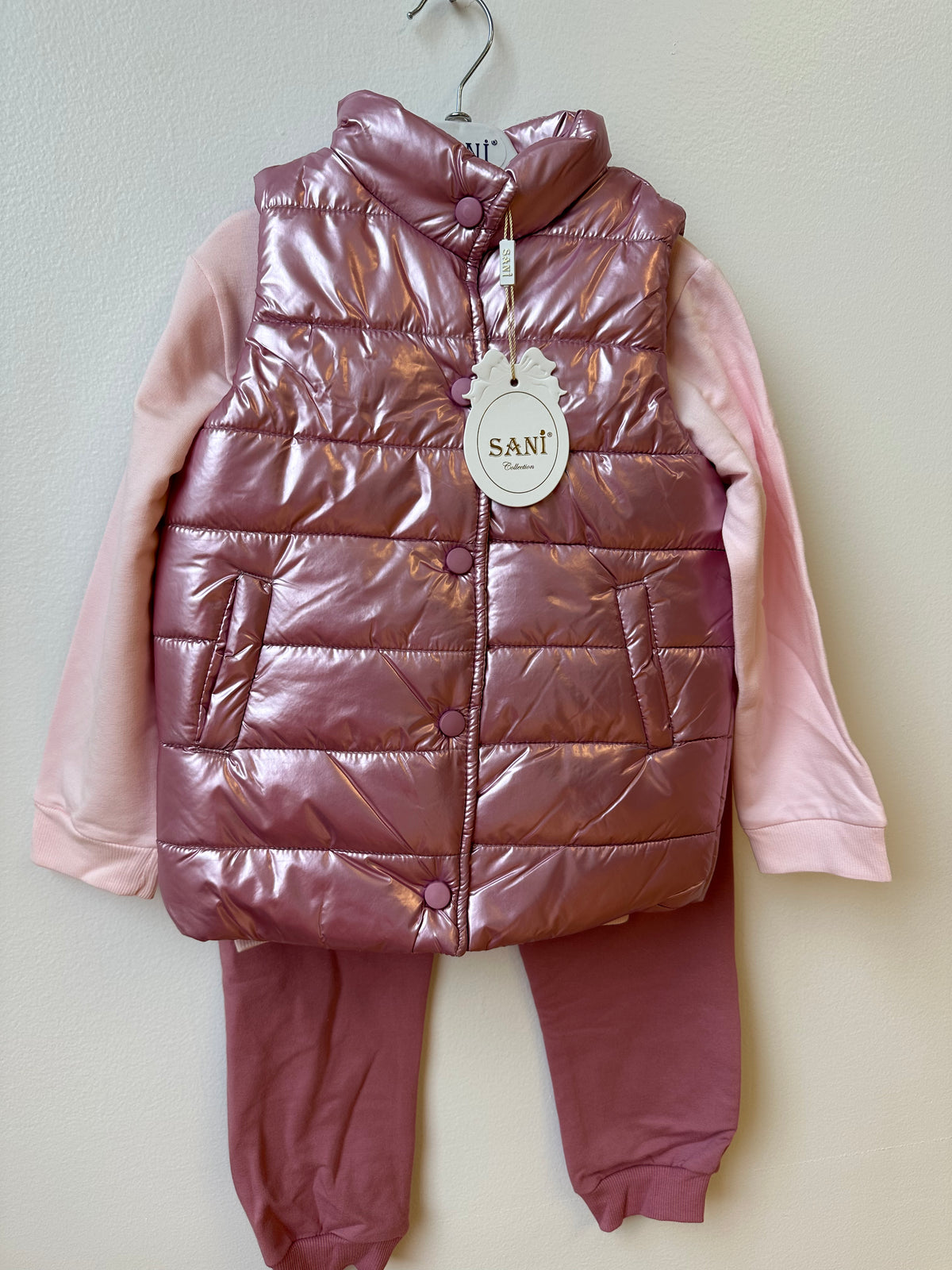 Cozy soft 3 piece jogger and metallic pink puffer vest set