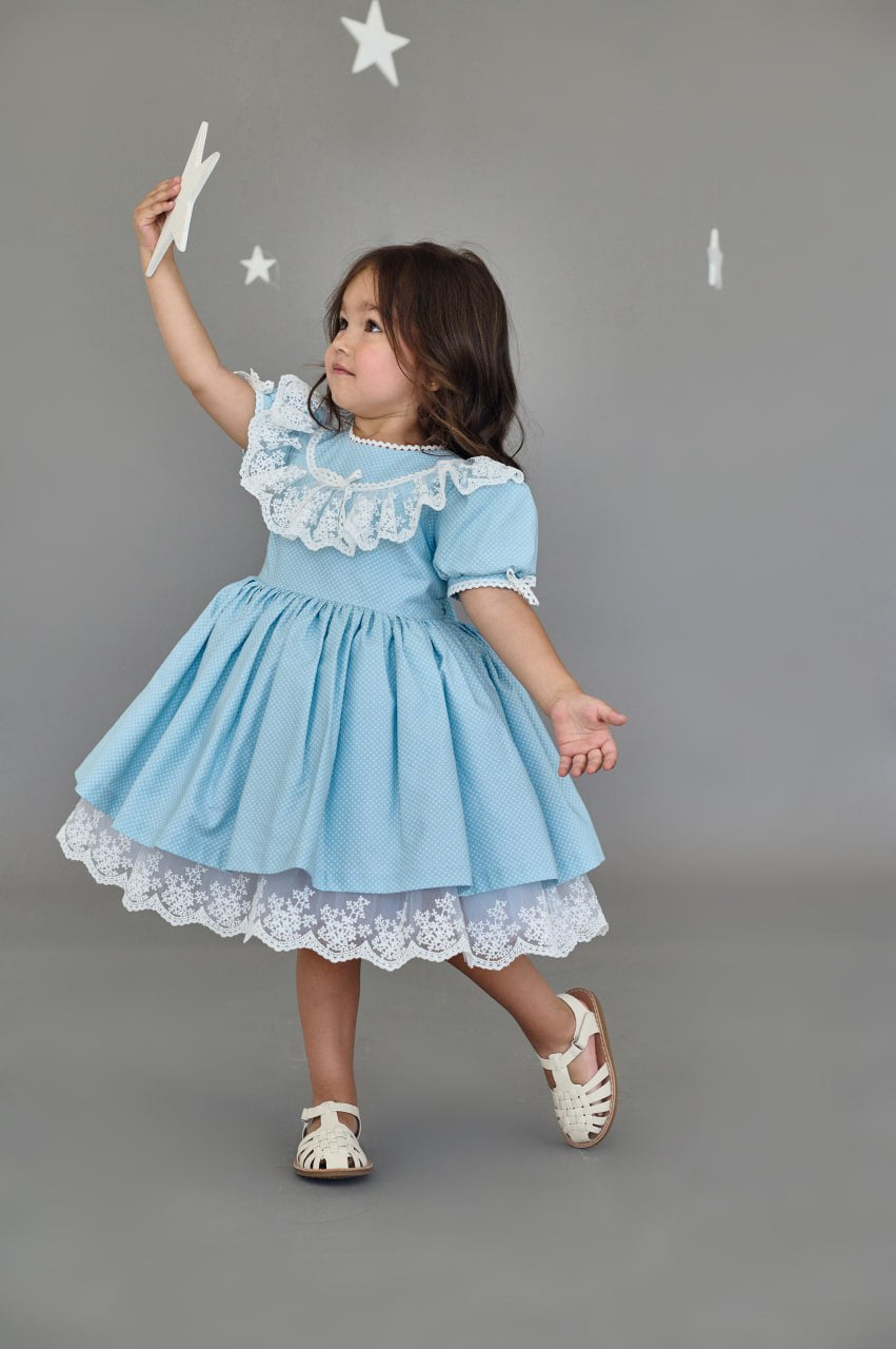 Blue Polka Dot Satin and Lace Dress