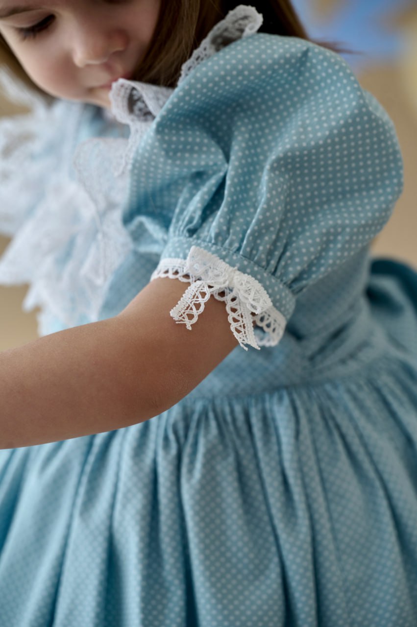 Blue Polka Dot Satin and Lace Dress