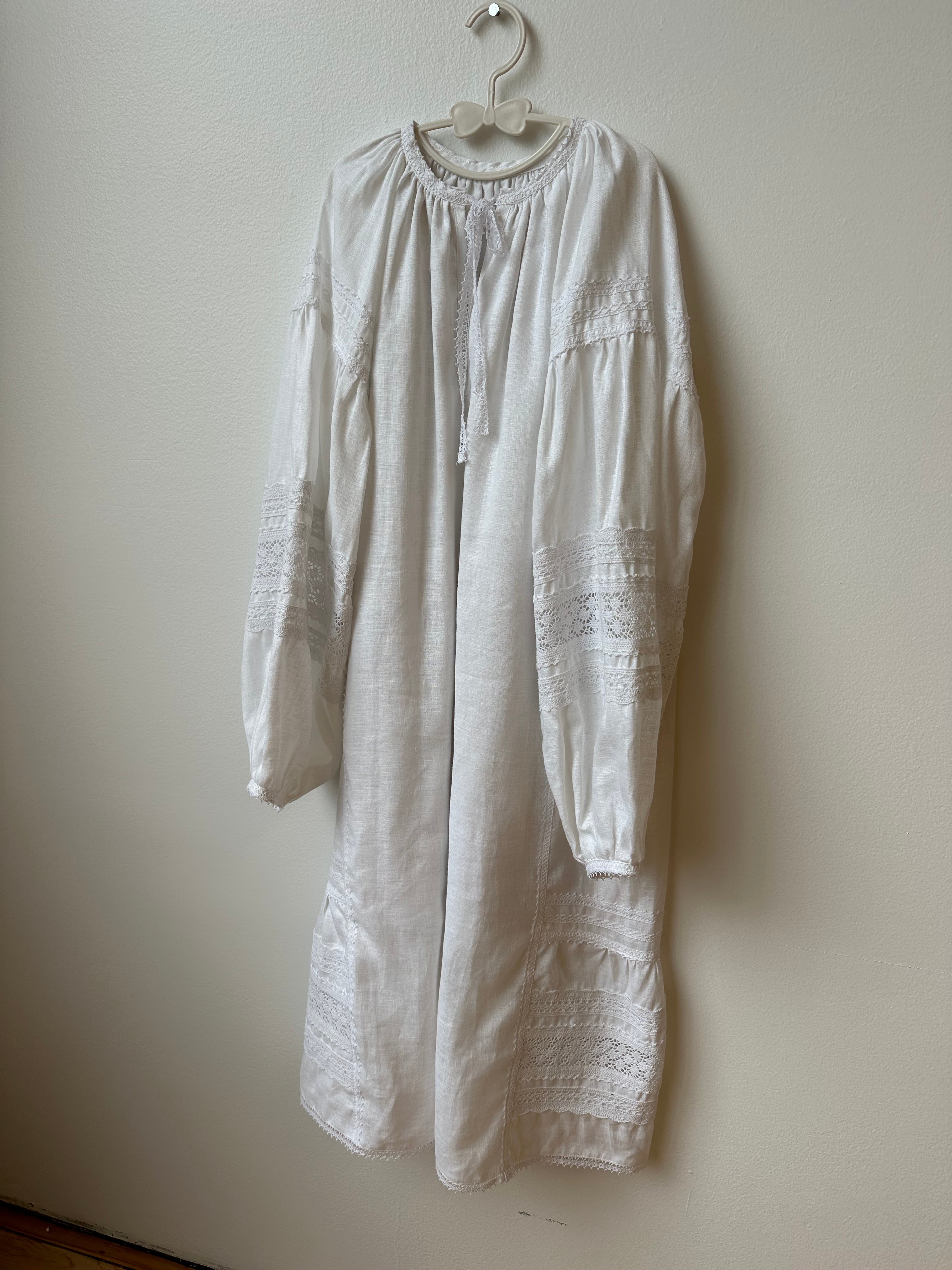 White Ethnic Linen Ukrainian Dress with Lace Detailing