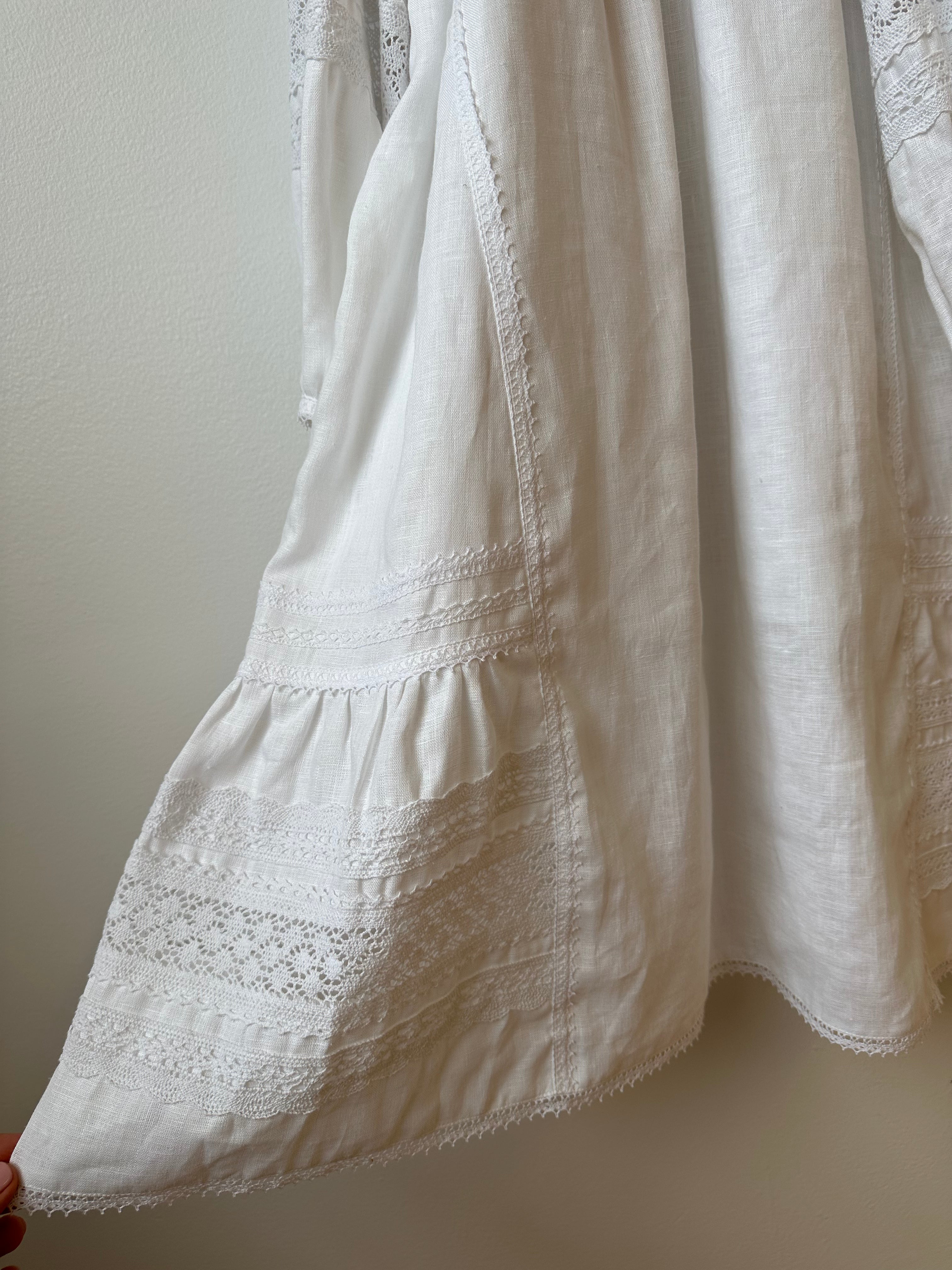 White Ethnic Linen Ukrainian Dress with Lace Detailing