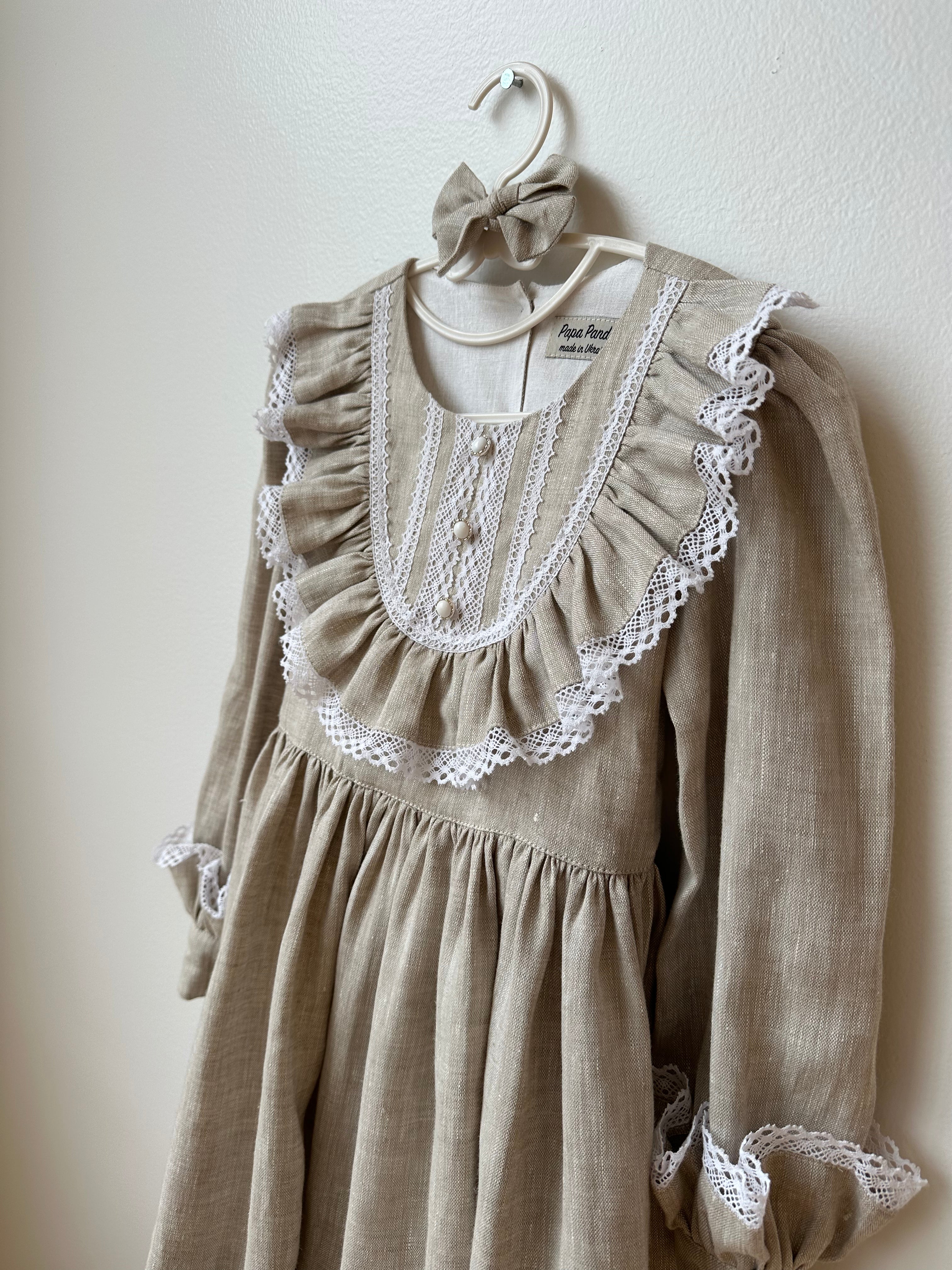 Beige Vintage Linen Dress with Lace Details for a Little Girl