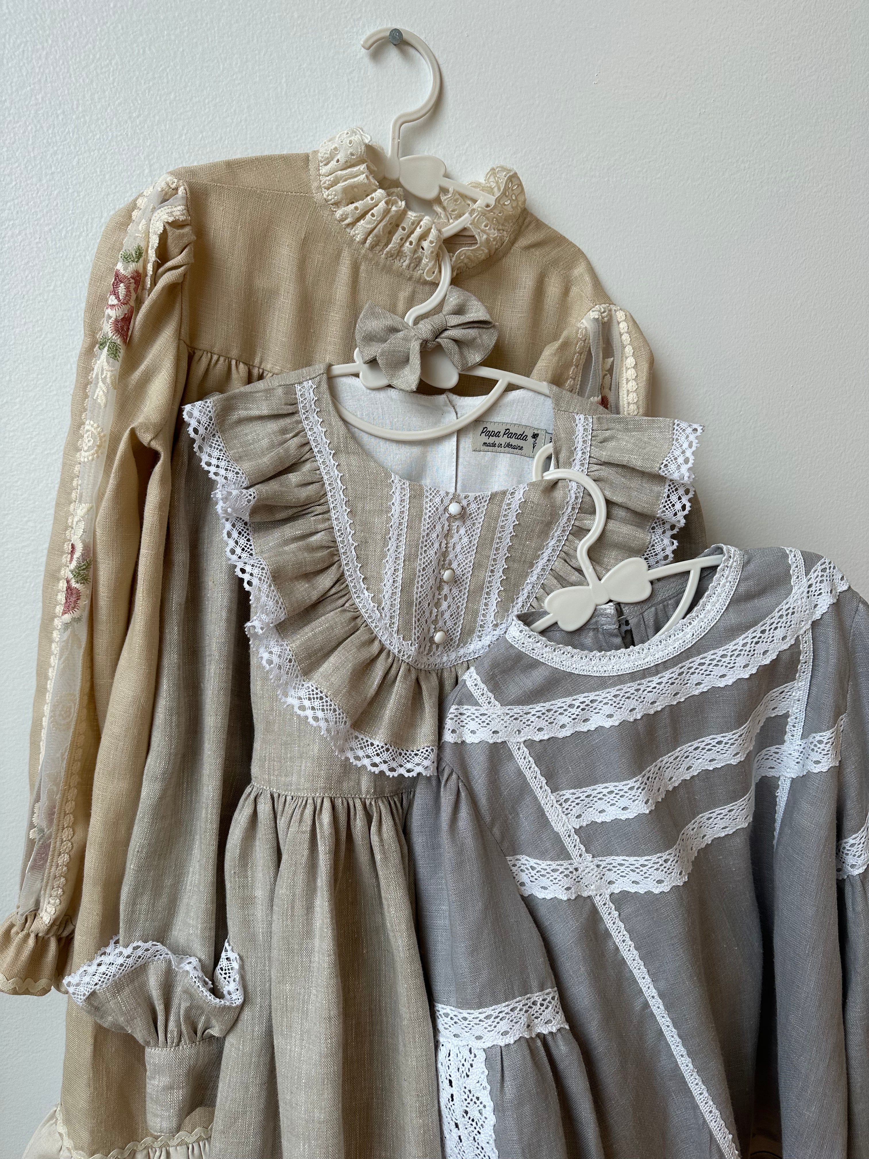 Beige Vintage Linen Dress with Lace Details for a Little Girl