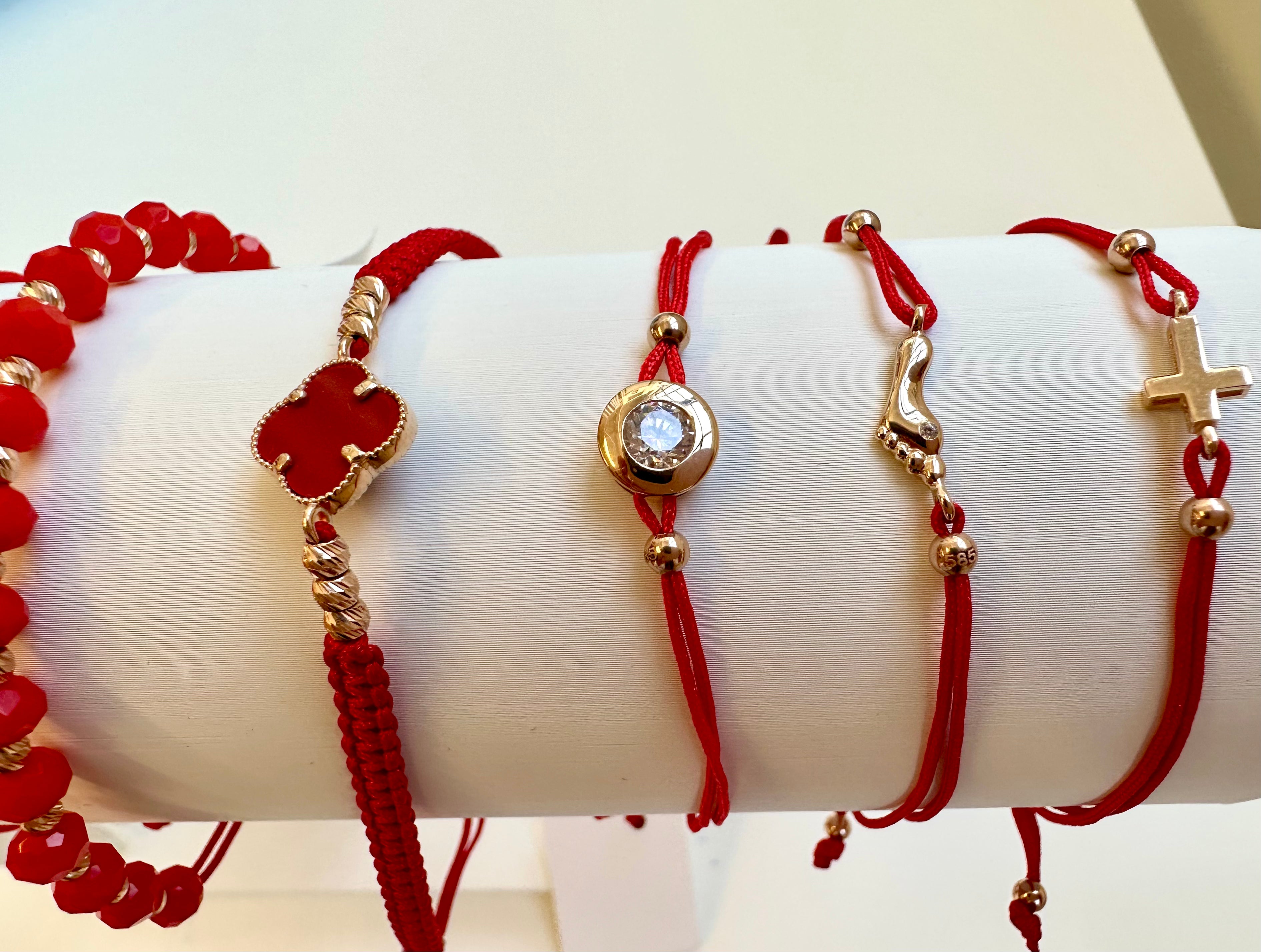 Red Corded Bracelet with Round Beads, 14k Gold 0.6