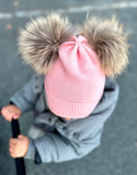 Toddler Girls Knit Hat with Double Pom Pom and Tie