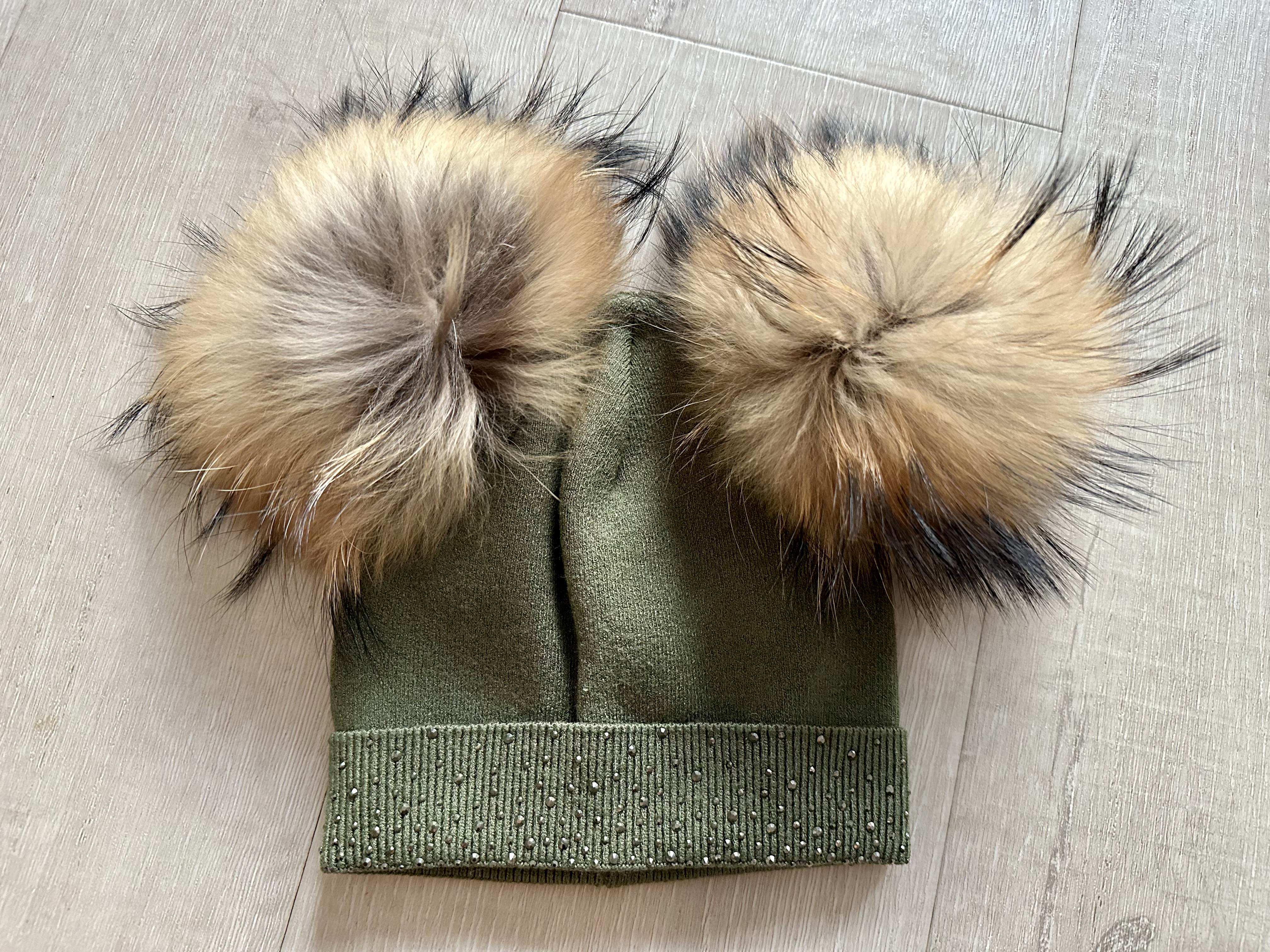 Soft Wool Cashmere Blend Girls Knit Hat with Gems and Real Fur Detachable Double Pom Pom