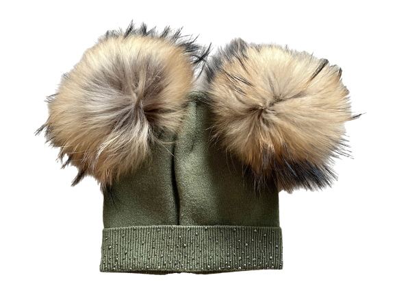 Soft Wool Cashmere Blend Girls Knit Hat with Gems and Real Fur Detachable Double Pom Pom