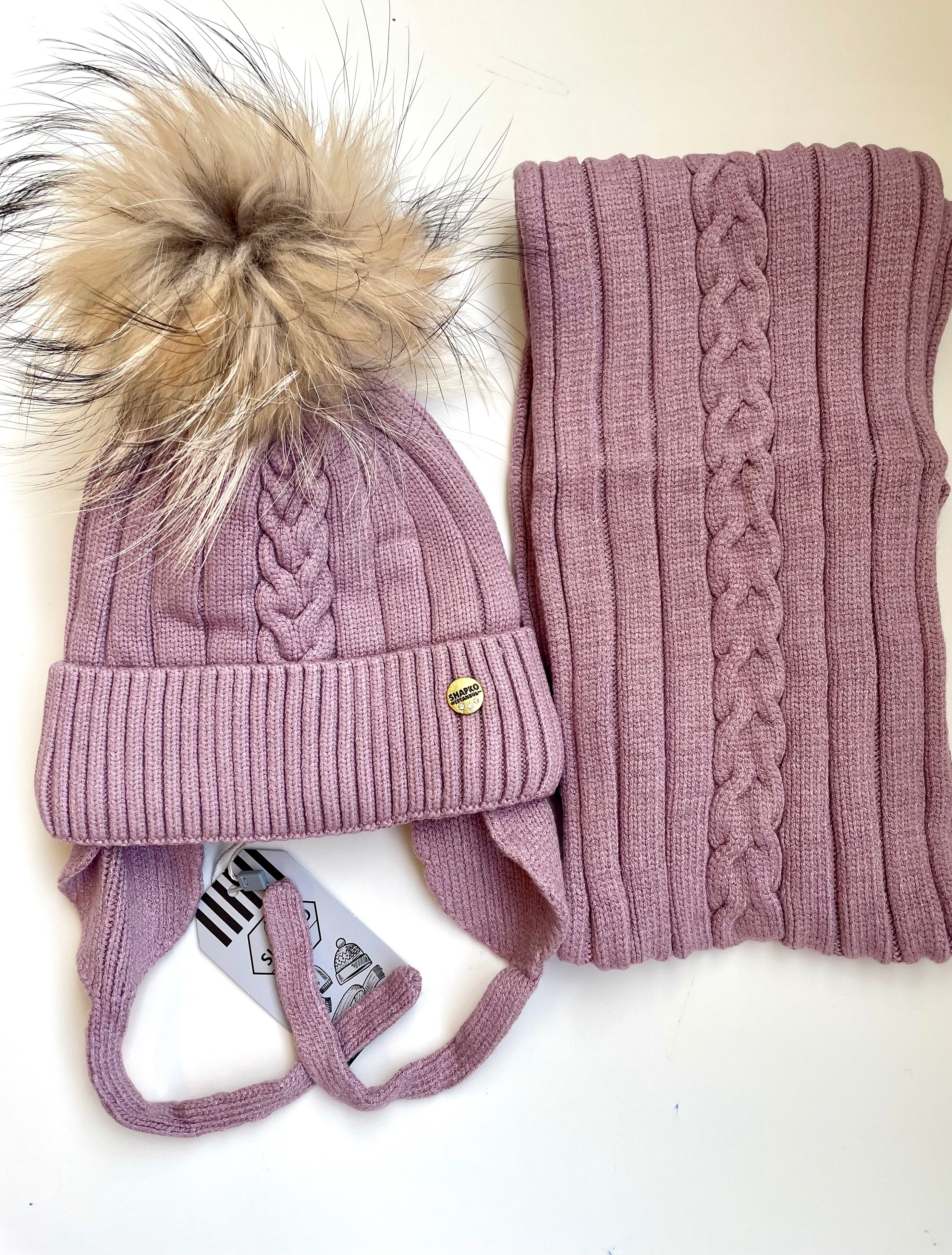 Girls Cashmere Blend Cable Knit Hat with Real Fur Pom Pom and Scarf Set