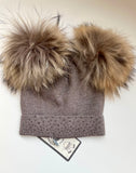 Soft Wool Cashmere Blend Girls Knit Hat with Gems and Real Fur Detachable Double Pom Pom