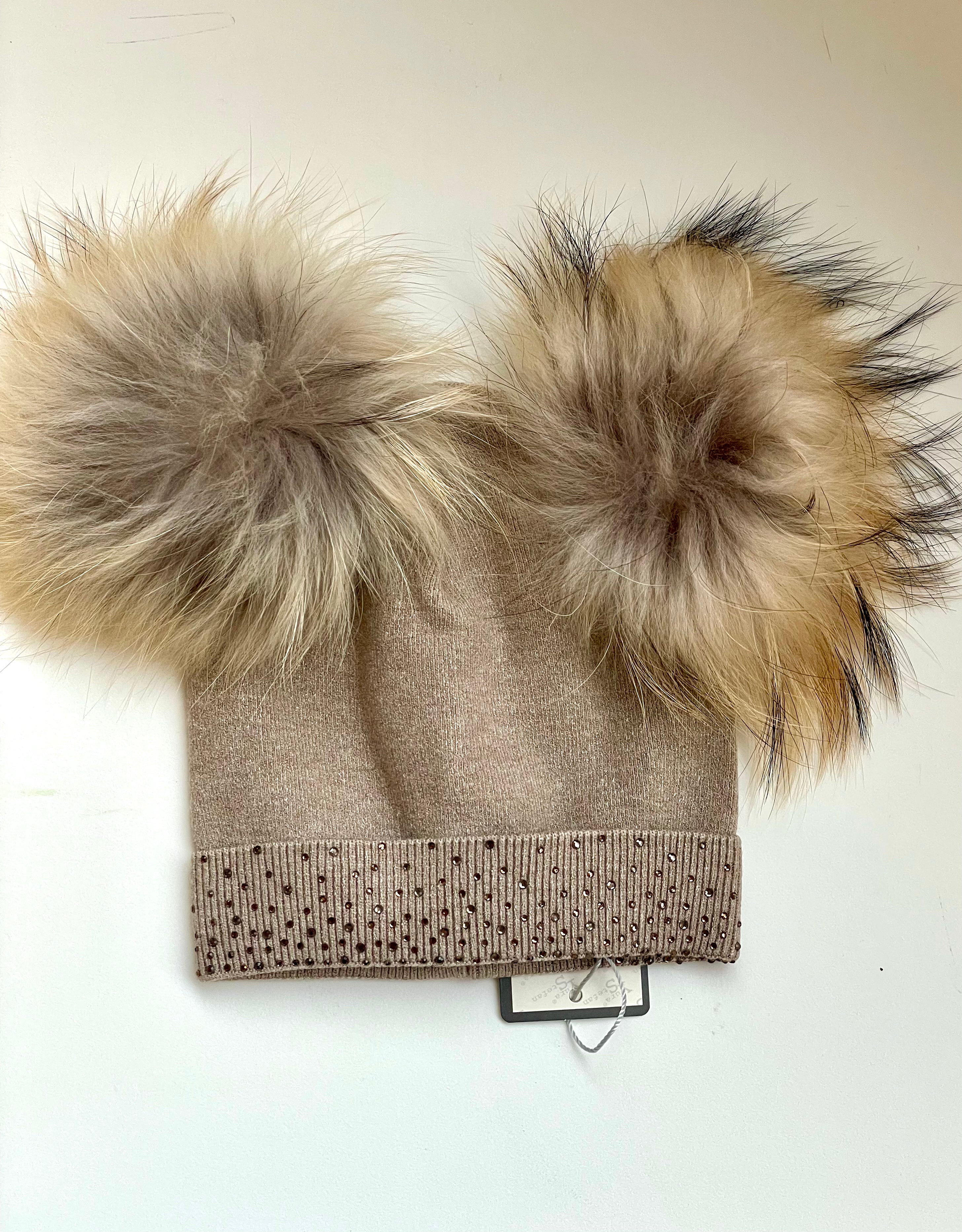 Soft Wool Cashmere Blend Girls Knit Hat with Gems and Real Fur Detachable Double Pom Pom