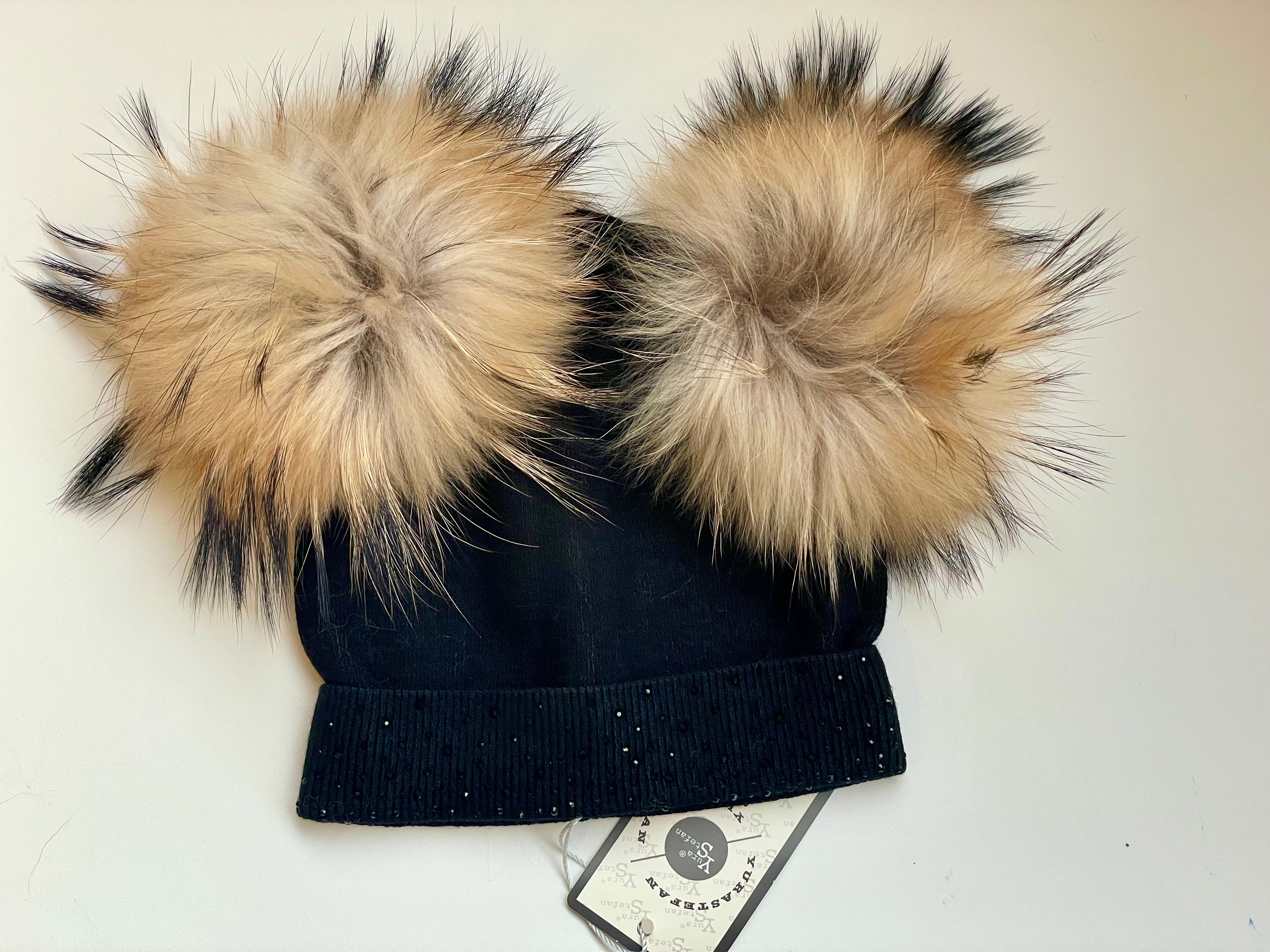 Soft Wool Cashmere Blend Girls Knit Hat with Gems and Real Fur Detachable Double Pom Pom