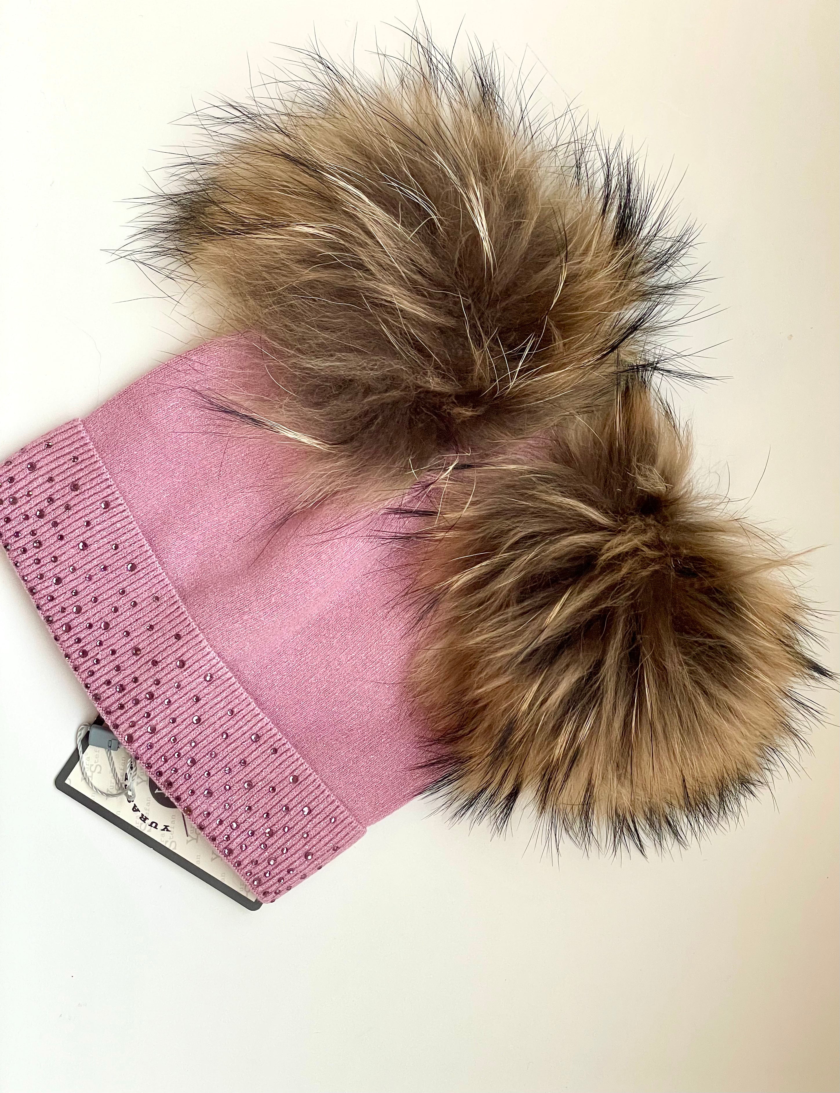 Soft Wool Cashmere Blend Girls Knit Hat with Gems and Real Fur Detachable Double Pom Pom