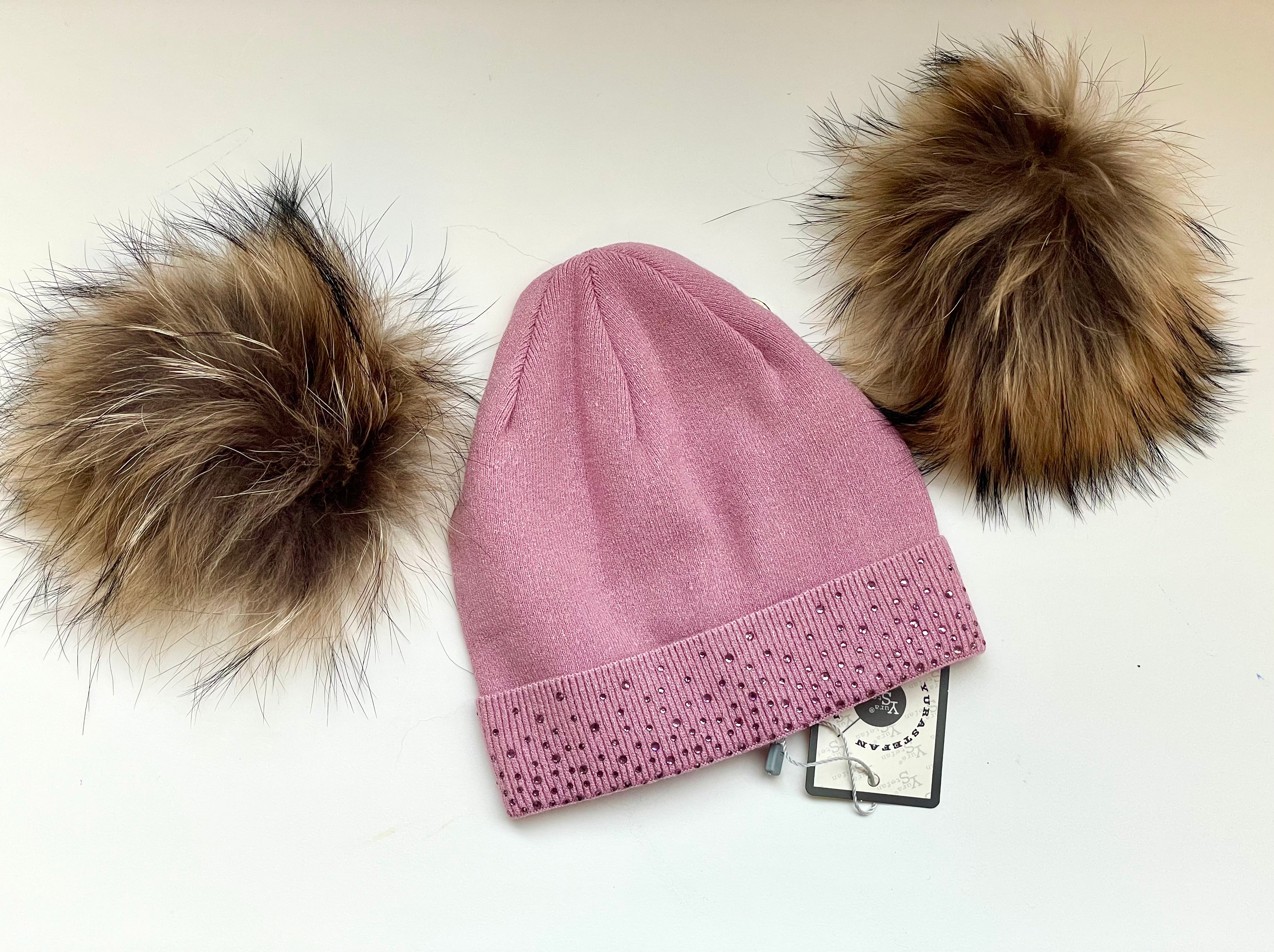 Soft Wool Cashmere Blend Girls Knit Hat with Gems and Real Fur Detachable Double Pom Pom