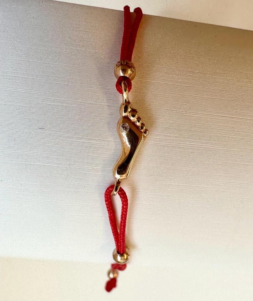 Red Corded Bracelet with Foot, Cubic Zirconia/14k Gold 0.71