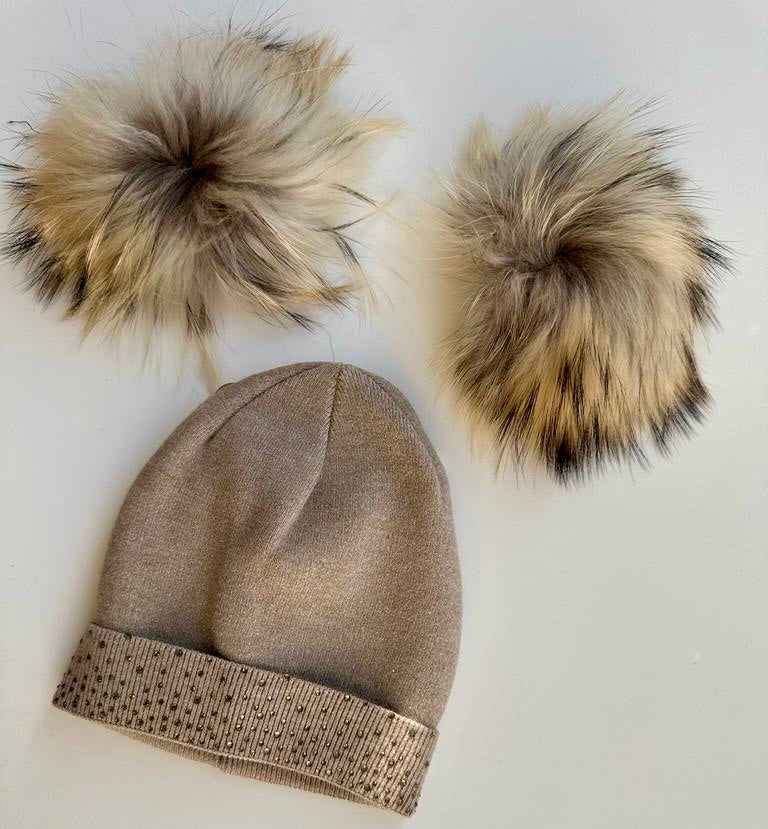 Soft Wool Cashmere Blend Girls Knit Hat with Gems and Real Fur Detachable Double Pom Pom