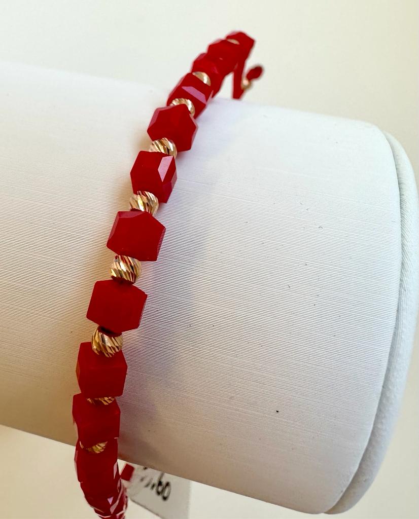 Red Corded Bracelet with Square Beads, 14k Gold 0.6